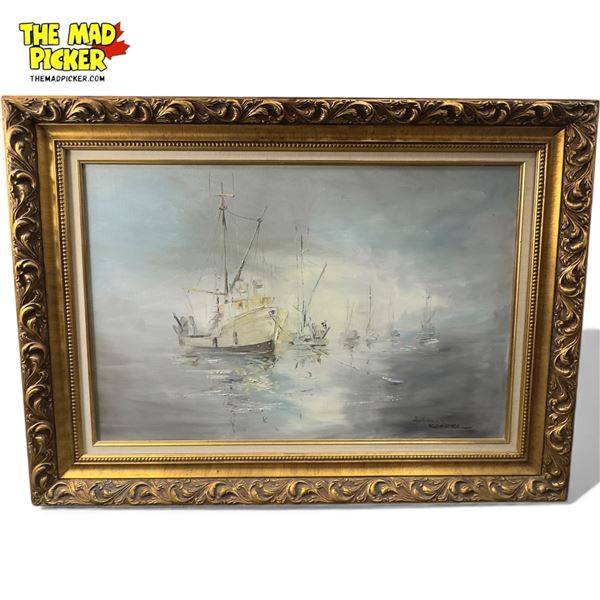 Vintage Framed Oil On Canvas Of Ship Scene, Signed By Artist