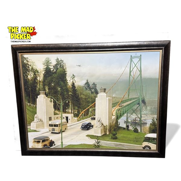 Large Vintage Framed Photograph Of Lions Gate Bridge