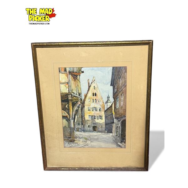 Vintage Framed Print Of European Town Scene, Signed By Marc