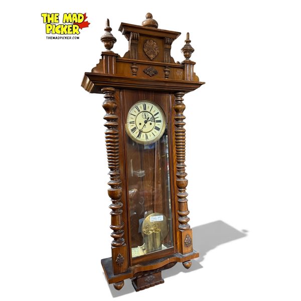 Vintage Carved Wall Hanging Clock With Porcelain Face, With Weight And Pendulum