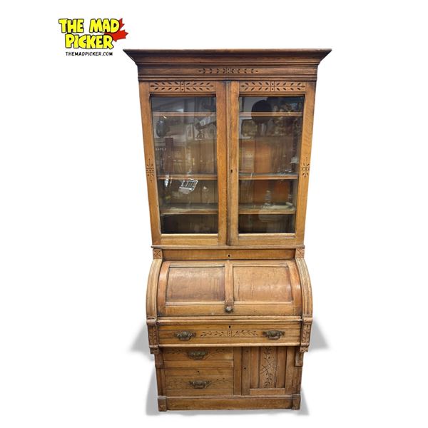 Vintage Oak Roll Top Writing Desk With Glass Display Cabinet