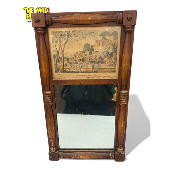 Vintage Wood Carved Frame With Mirror & Print "The Season Of Blossoms"