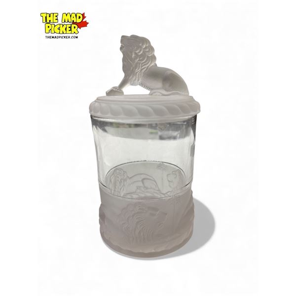 Vintage Frosted Glass With Embossed Lions Lidded Candy Jar