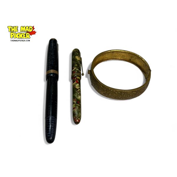 2 Vintage Ink Pens & Carved Brass Bracelet