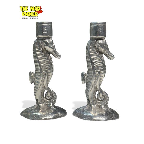 Pair Of Cast Aluminum Seahorse Candlestick Holders