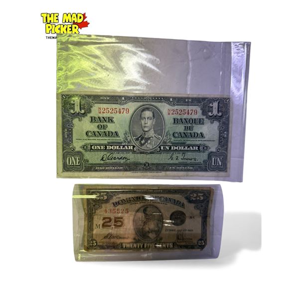 1937 Canadian $1 Bill & 1923 Canadian 25 Cent Shinplaster