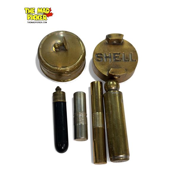 Vintage Schrader Balloon Tire Gauge, Brass Container & Silver Razor Container