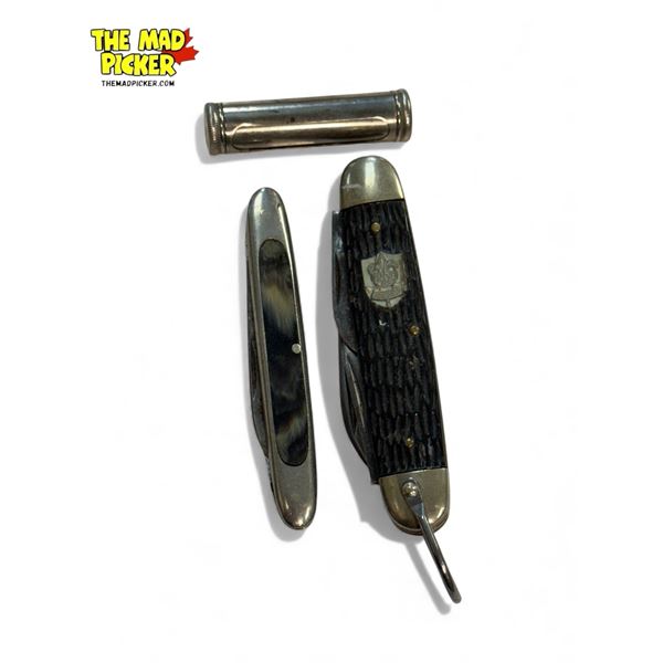 2 Vintage Pocket Knives & Pen Nib Container