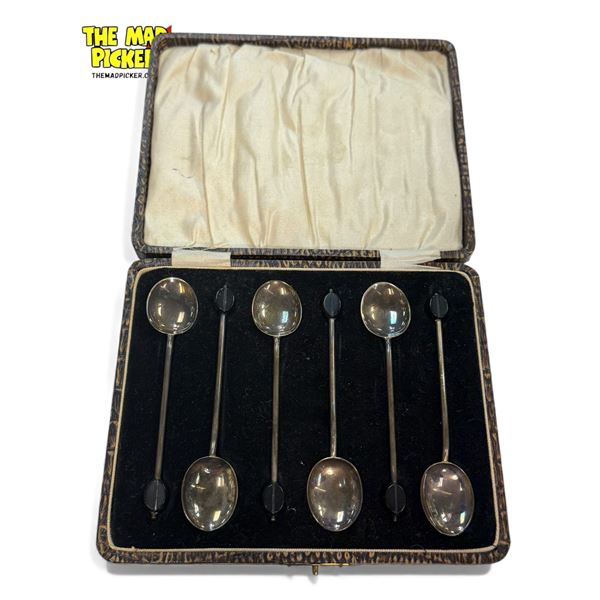 Set Of 6 Sterling Silver Coffee Bean Spoons, In Faux Alligator Skin Case