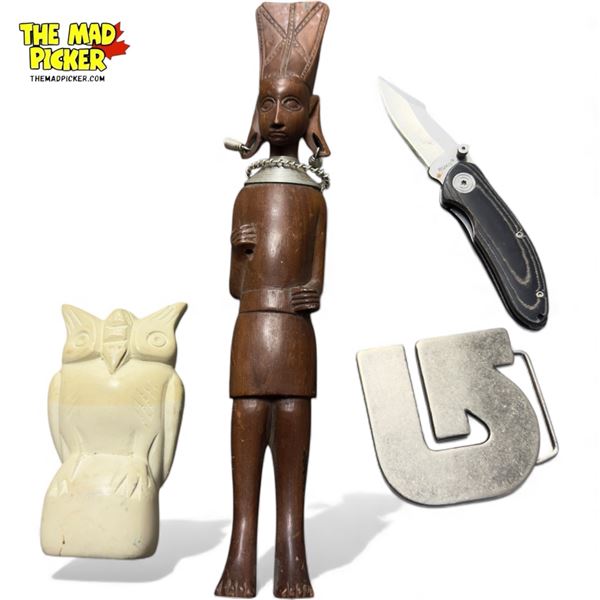 Assorted Collectibles, Belt Buckle, Ruko Knife, Soapstone Owl & Wood Carved African Lady