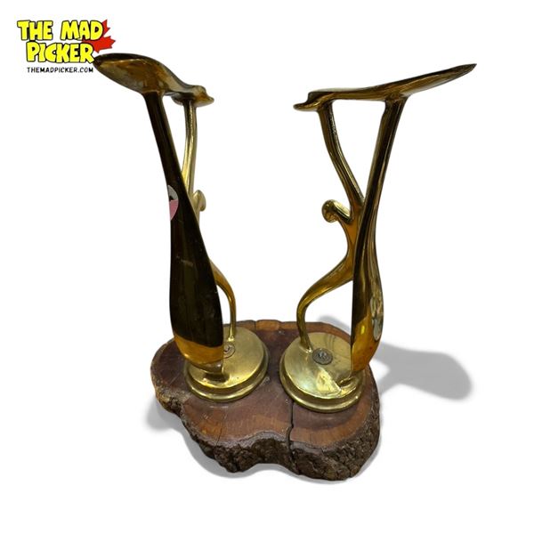 Pair Of Vintage Brass Shoe Shine Stands, On Live Edge Wood Base