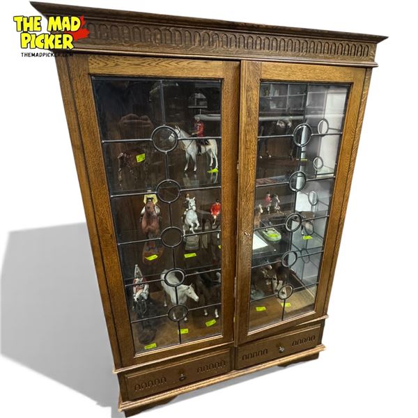 Early 20th Century Oak Curio Cabinet With Leaded Glass Doors and Lower Drawer 64x44x19"