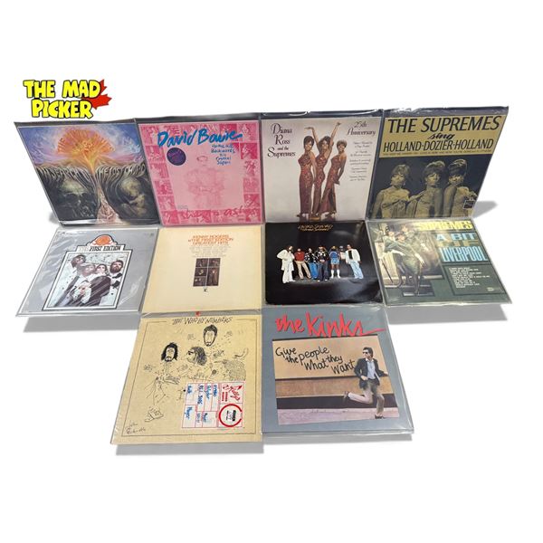 10 Assorted Vintage Records, The Kinks, The Supremes, The Moody Blues, David Bowie, Etc..