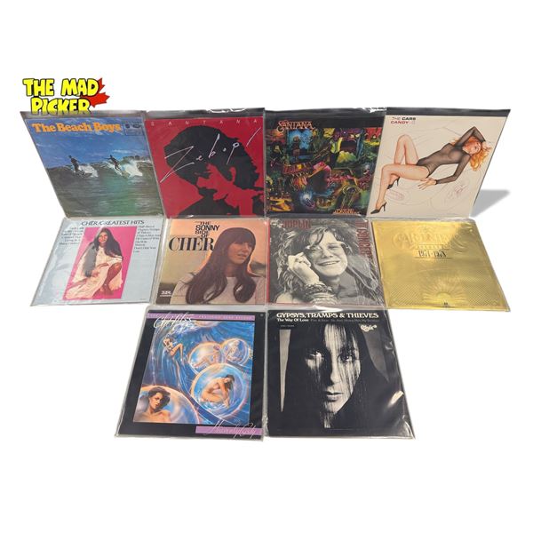 10 Assorted Vintage Records, The Beach Boys, Santana, The Cars, Cher, Janis Joplin, Etc..