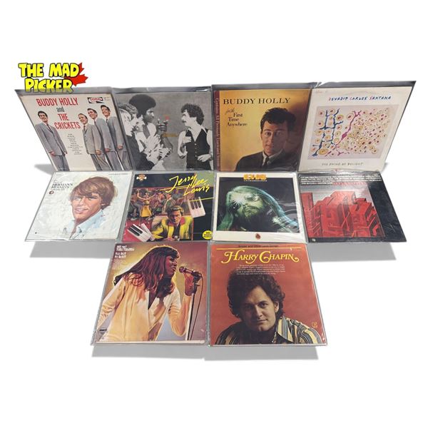 10 Assorted Vintage Records, Buddy Holly, Santana, Hermans Hermits, Harry Chapin, Etc..