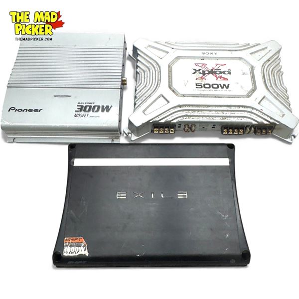 3x Car Audio Amplifiers: Pioneer 500W GM-X562, Sony Xplod 500W AM-504Z & Exile 1000W Shift Monoblock