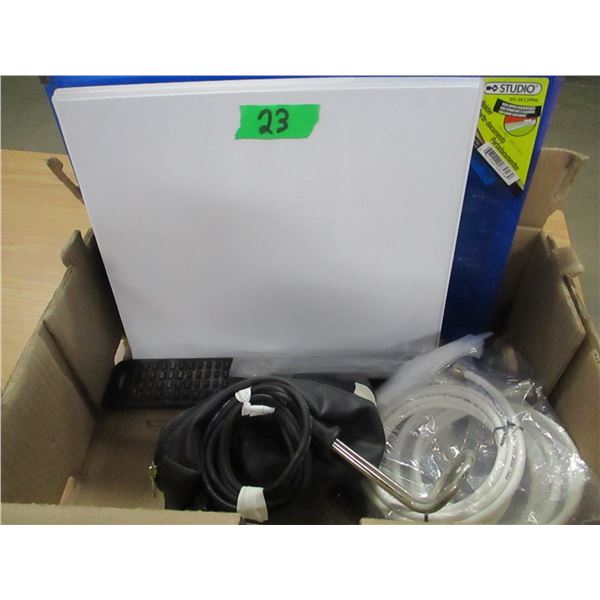 BOX C/W CORDLESS RAZOR, OFFICE FOLDERS, COLEMAN PUMP, ETC