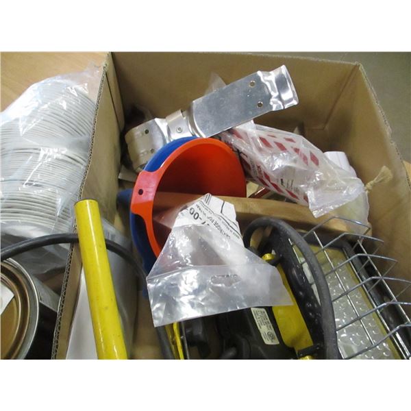 BOX C/W WORK LITE, DRYER VENT HOSE, NEW PAINT (1L), ETC