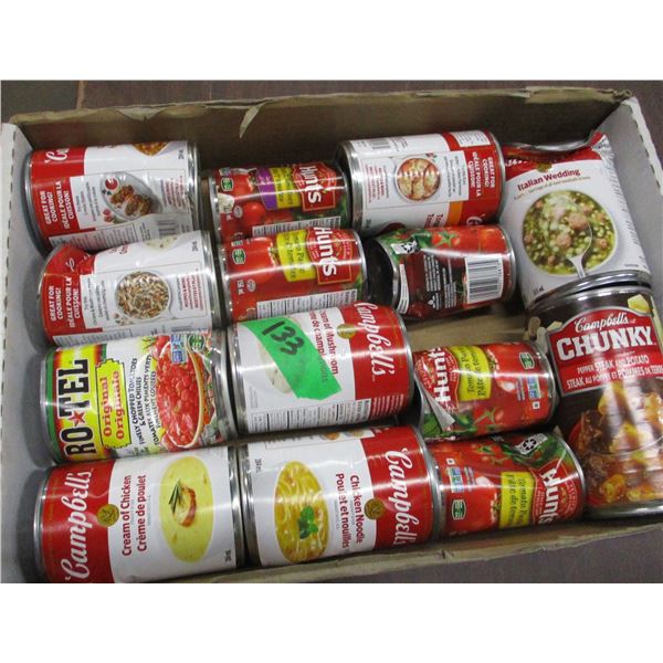 FREIGHT DAMAGE (AS IS):  FLAT C/W 14 CANS SOUPS, TOMATOES, SAUCE, ETC