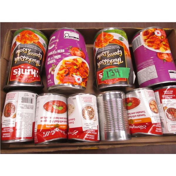 FREIGHT DAMAGE (AS IS):  FLAT C/W 10 CANS SPAGHETTI SAUCES, SOUPS, ETC