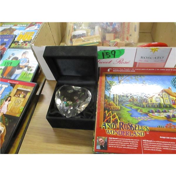 BOX C/W DVD'S, PUZZLES, PAPER WEIGHT, MISC
