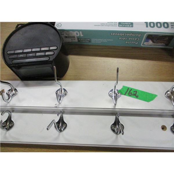 BOX C/W RADIO, PUZZLES, COAT HOOKS, ETC