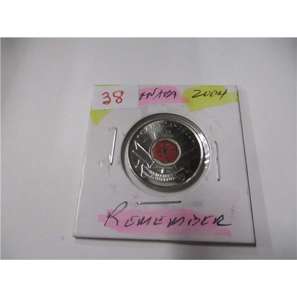 2004 CANADA REMEMBRANCE COLORED RED POPPY QUARTER