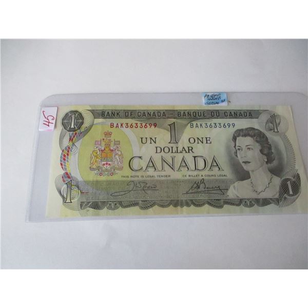 1973 CRISP UNCIRCULATED POKER HAND SERIAL NUMBER CANADA LEGAL TENDER $1 BILL