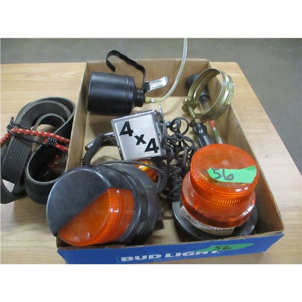 ESTATE:  BOX C/W AMBER LIGHTS, BATTERY TESTER, CLAMPS, ETC