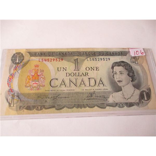 1973 BANK OF CANADA SERIAL NUMBER LEGAL TENDER $1 BILL (529 - 529)
