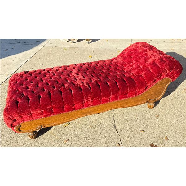 TUFTED VELVET PARLOR CHAISE LOUNGE WITH BROCADE TRIM AND OAK FRAME