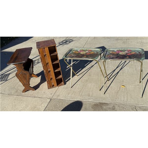 WOODEN TABLE, ROTATING RACK MADE FROM WINE SHIPPING CONTAINERS, AND METAL TV TRAYS