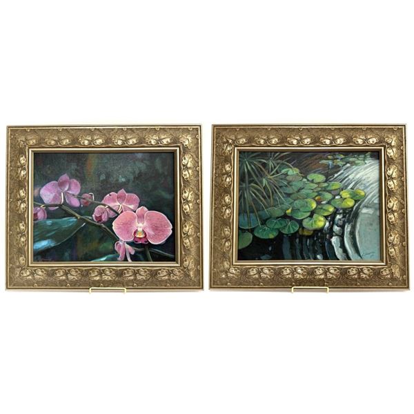Charles Scogins Lily Pads & Orchid Oil Paintings