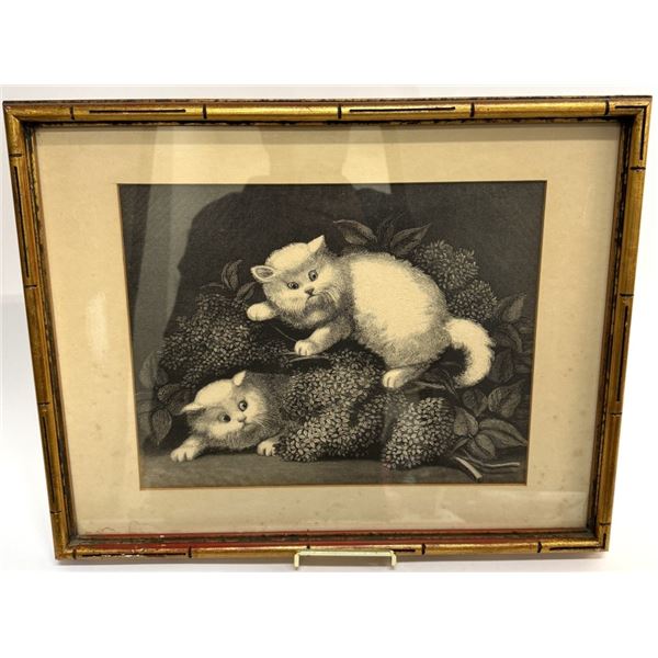 19th c. Currier & Ives Two Kittens in Lilacs Print