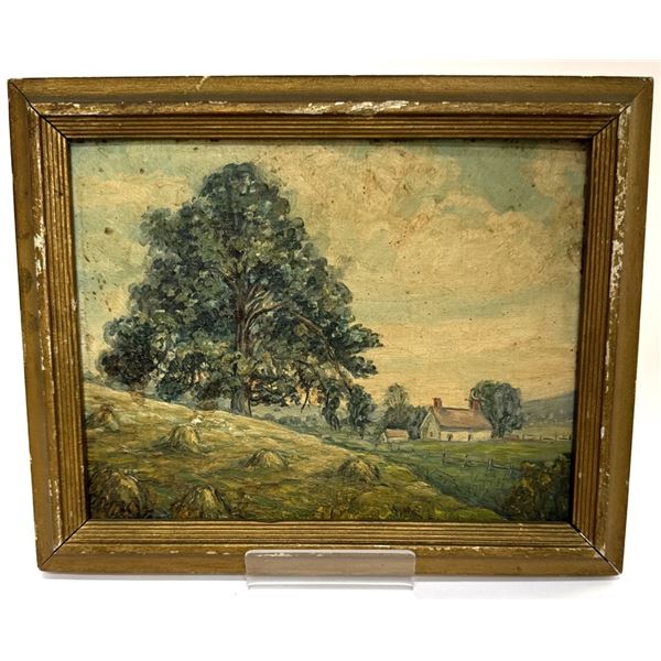 Antique Folk Art Bucolic Farm Scene Oil on Board