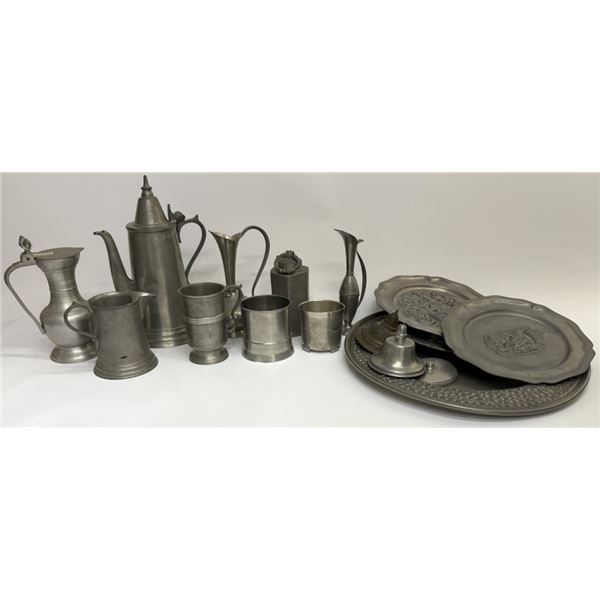 Vintage Pewter Platters, Cups, & Decanter Grouping