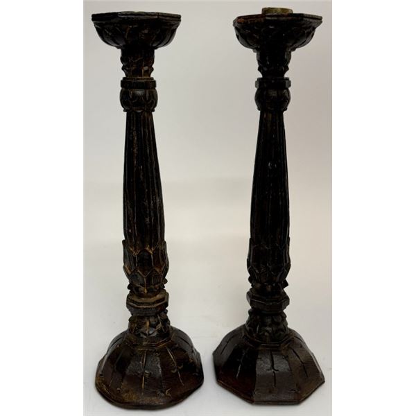 Antique Hand-Carved Wood & Brass Candlesticks
