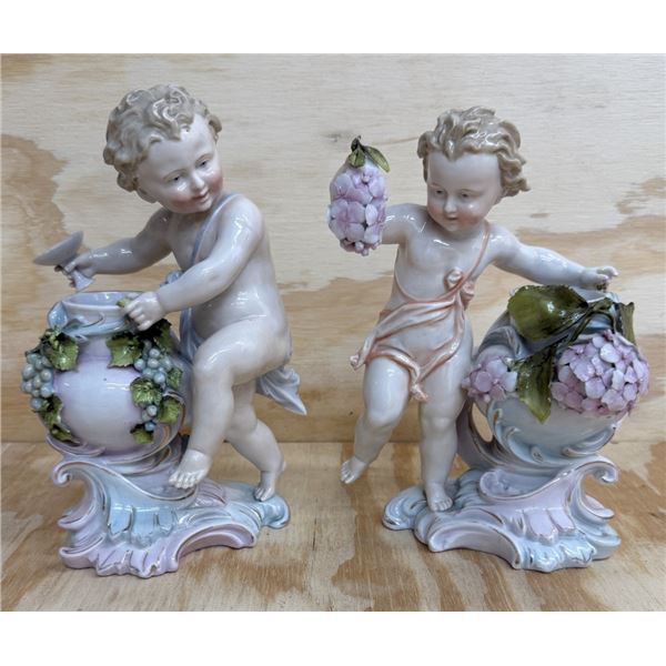 Mid-Century Porcelain Cherub & Floral Vase Pair