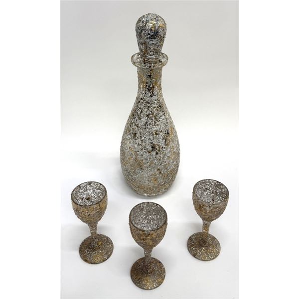West Virginia Glass Decanter & Three Glasses