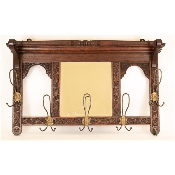 Antique Carved Wood Coat Rack & Mirror