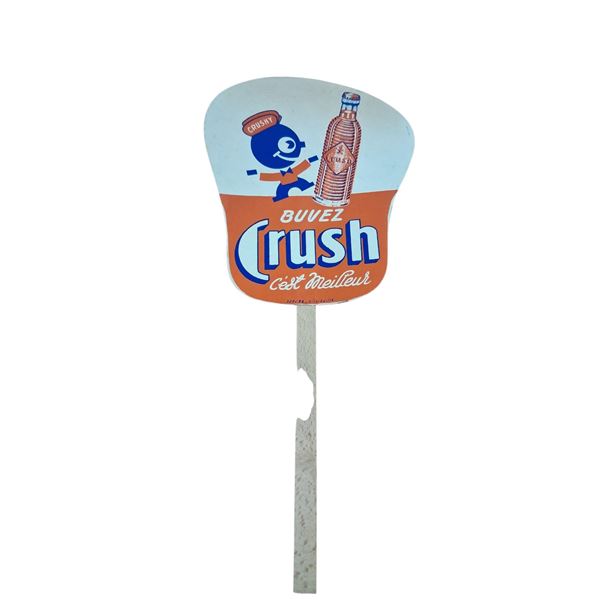 1940s Orange Crush "Crushy Man" hand fan, double sided 11" tall