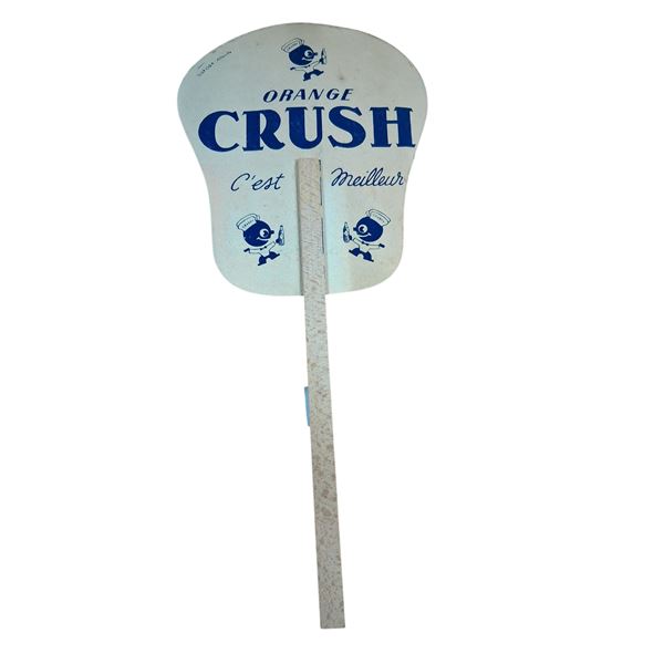 1940s Orange Crush "Crushy Man" hand fan, double sided 11" tall