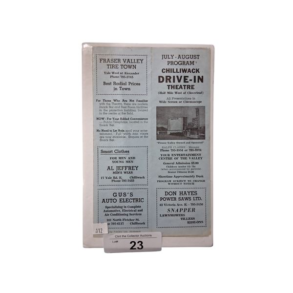 Original vintage Chilliwack Drive In program, 7.5"x5.5"