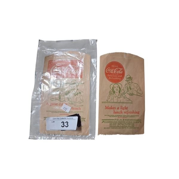 2 NOS 1940s Coca-Cola "Dry Serve" paper bags 7"x4"