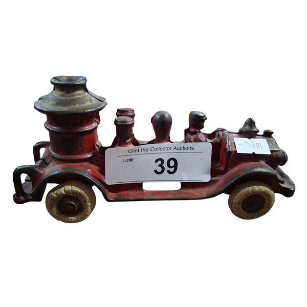 Genuine antique cast iron fire truck with white rubber tires 7" long