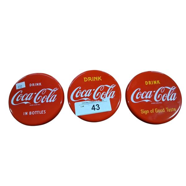 Set of 3 enamel Coca-Cola button coasters, very hard to find 4" diameter