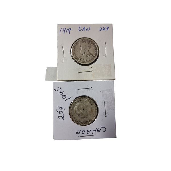 1948 Canadian 25 cent coin, 80% silver, & 1919 Canadian 25 cent coin 92.5% silver