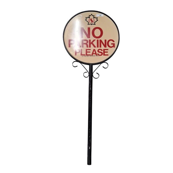 Vintage double sided Safeway No Parking sign in lollipop bracket 56" tall. Sign is 20" diameter