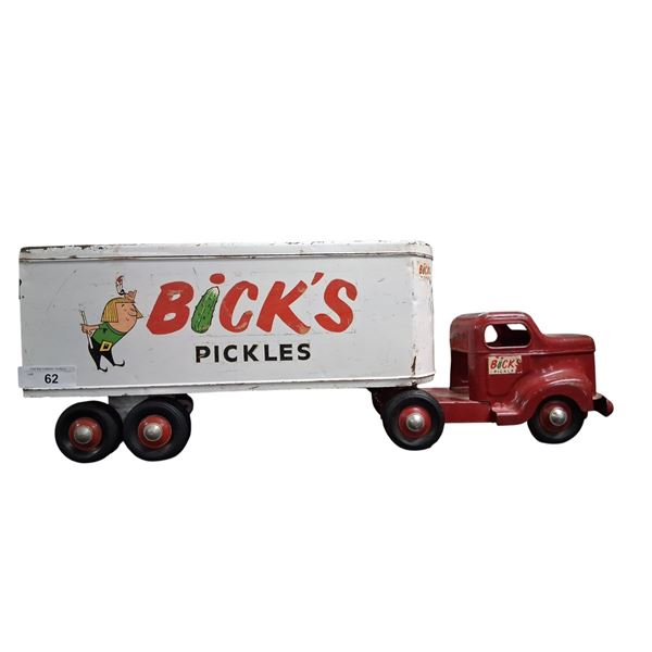 Vintage 50s Minnitoy pressed steel truck and trailer Bick's pickles 29" overall length