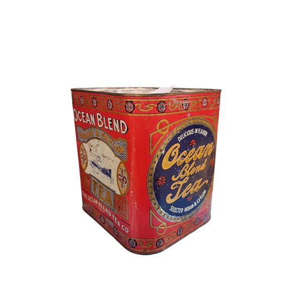 Gorgeous antique store tin, Ocean Blend Tea 8" tall